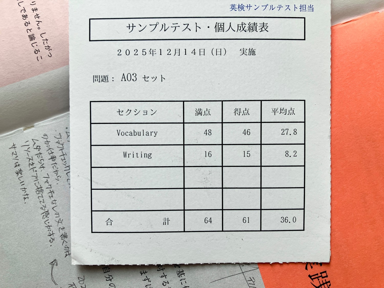 英検サンプルテストの結果の画像